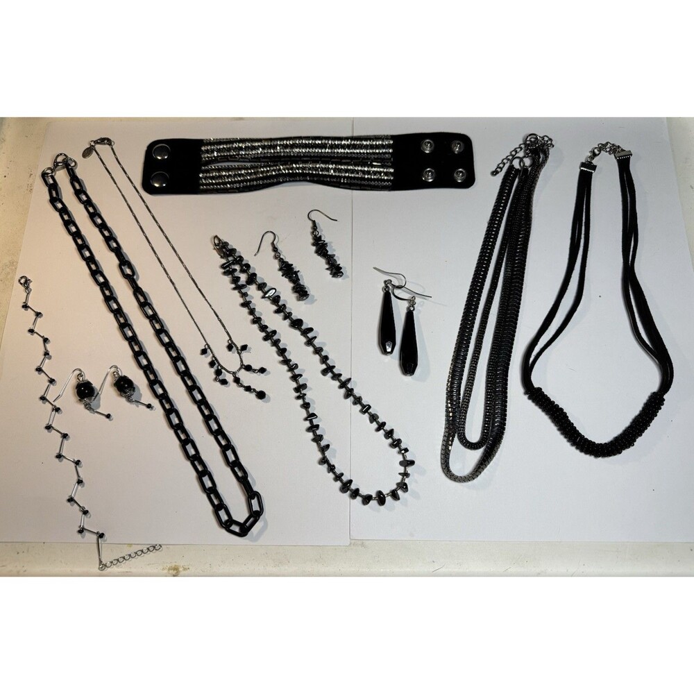 Gothic Black Jewelry Lot 10 Pc Necklaces Earrings Cuff Bracelet Goth Punk